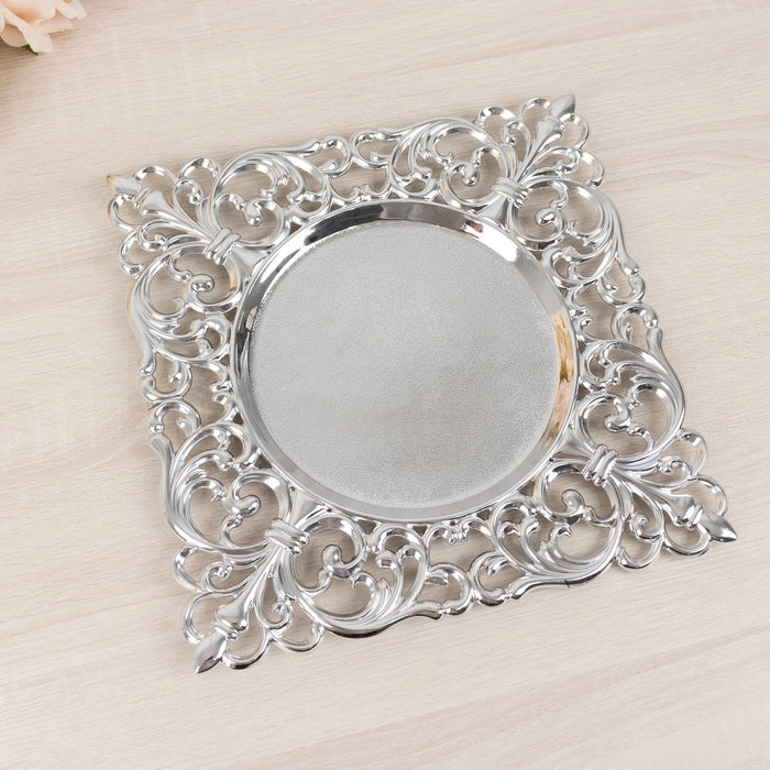 6 Square 12" Vintage Acrylic Dinner Charger Plates with Hollow Lace Borders