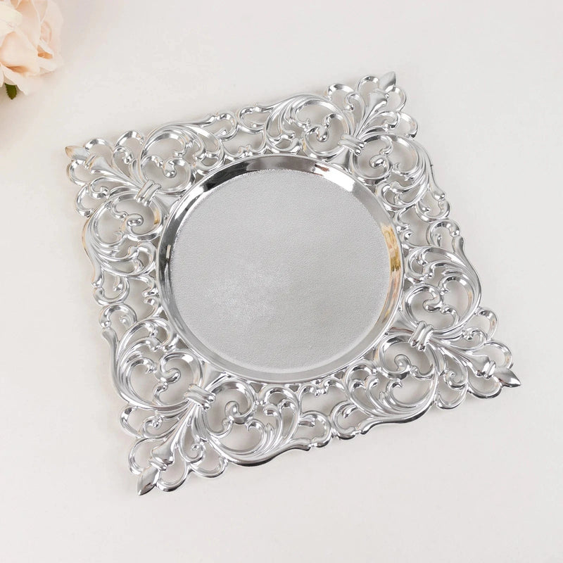 6 Square 12" Vintage Acrylic Dinner Charger Plates with Hollow Lace Borders