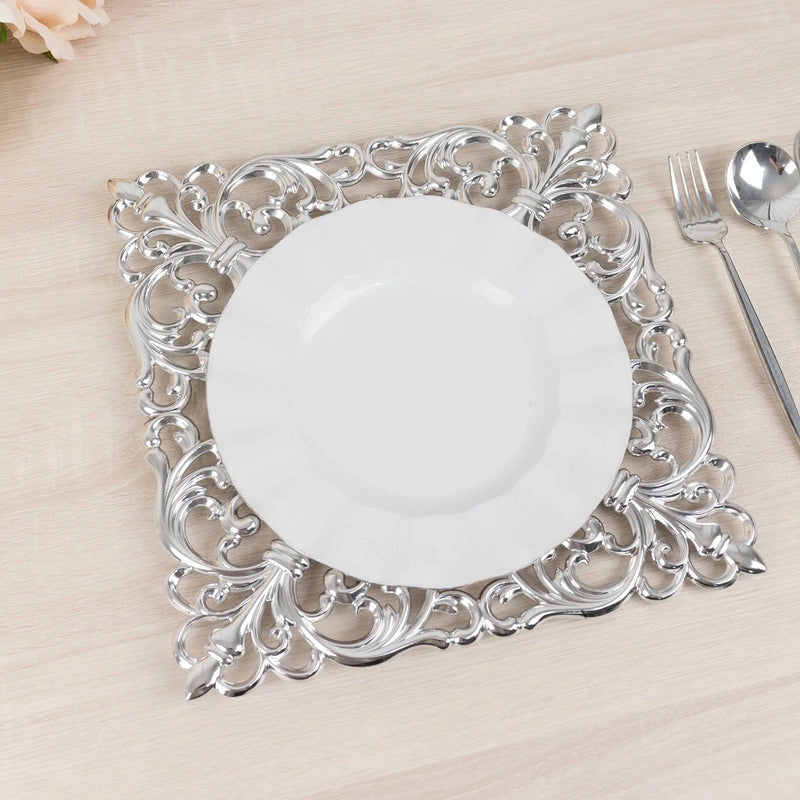 6 Square 12" Vintage Acrylic Dinner Charger Plates with Hollow Lace Borders