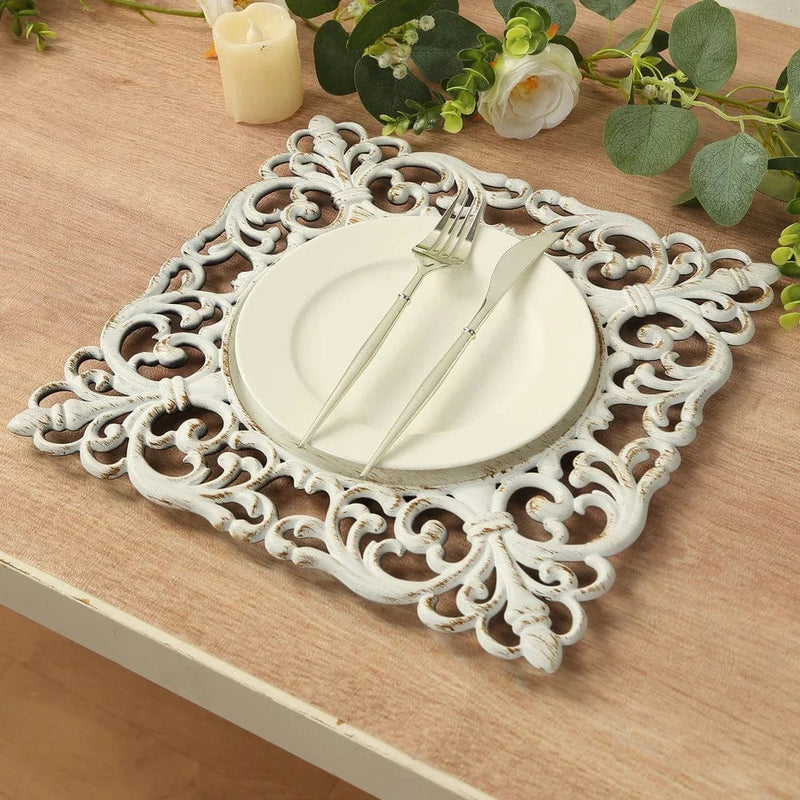 6 Square 12" Vintage Acrylic Dinner Charger Plates with Hollow Lace Borders