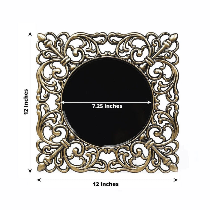 6 Square 12" Vintage Acrylic Dinner Charger Plates with Hollow Lace Borders