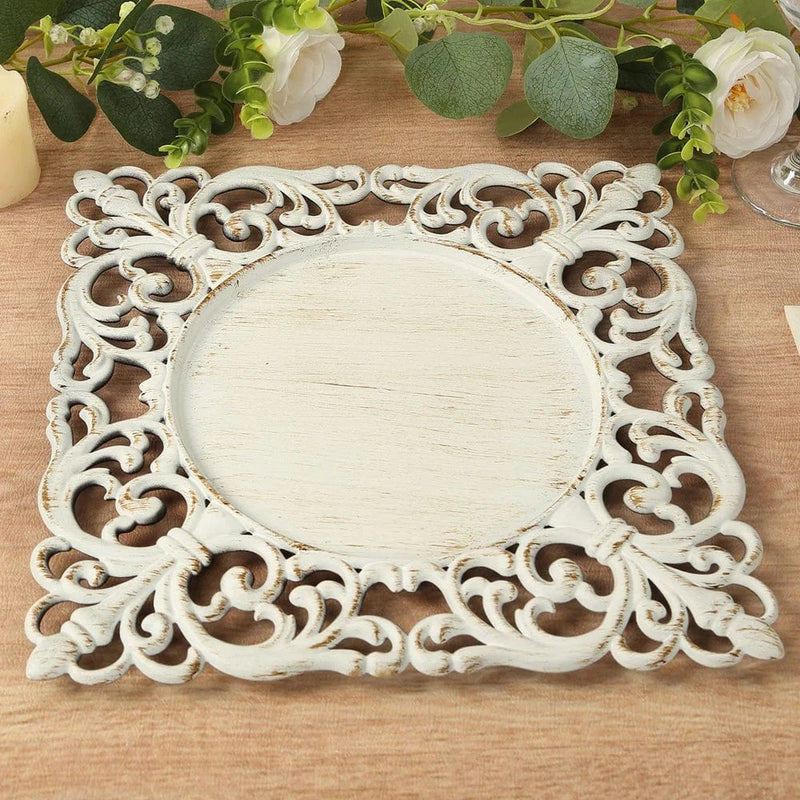 6 Square 12" Vintage Acrylic Dinner Charger Plates with Hollow Lace Borders CHRG_PLST0047_ANTQ