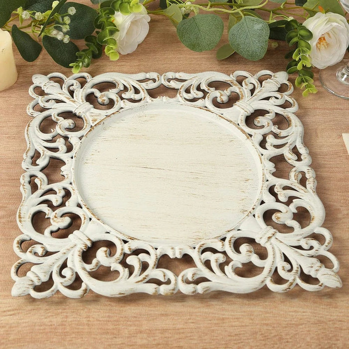 6 Square 12" Vintage Acrylic Dinner Charger Plates with Hollow Lace Borders CHRG_PLST0047_ANTQ