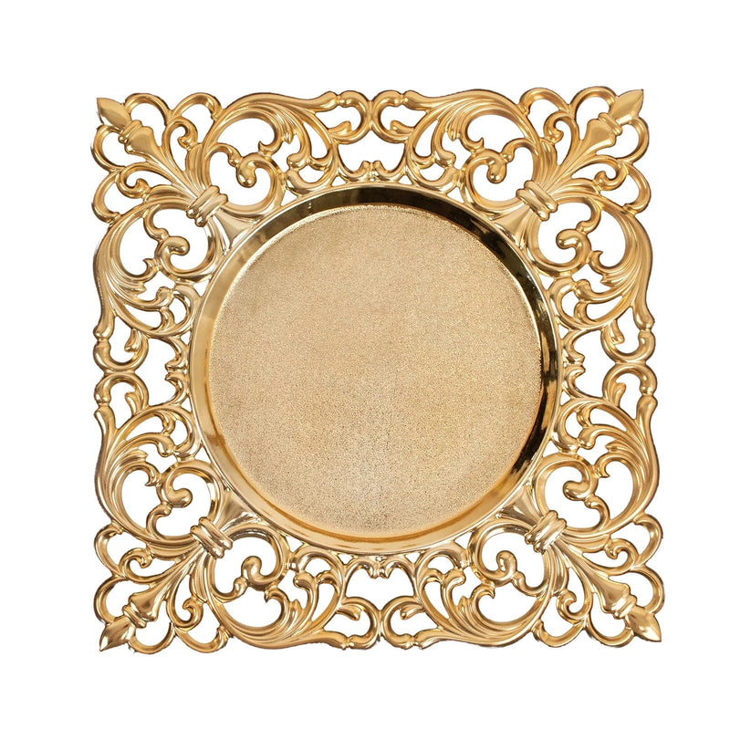 6 Square 12" Vintage Acrylic Dinner Charger Plates with Hollow Lace Borders CHRG_PLST0047_GOLD