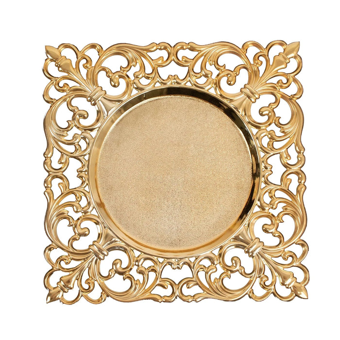 6 Square 12" Vintage Acrylic Dinner Charger Plates with Hollow Lace Borders CHRG_PLST0047_GOLD