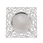 6 Square 12" Vintage Acrylic Dinner Charger Plates with Hollow Lace Borders CHRG_PLST0047_SILV