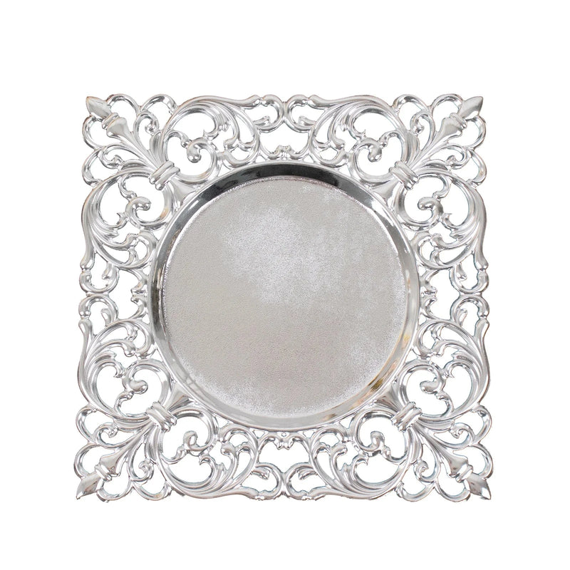 6 Square 12" Vintage Acrylic Dinner Charger Plates with Hollow Lace Borders CHRG_PLST0047_SILV