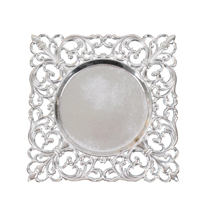6 Square 12" Vintage Acrylic Dinner Charger Plates with Hollow Lace Borders CHRG_PLST0047_SILV