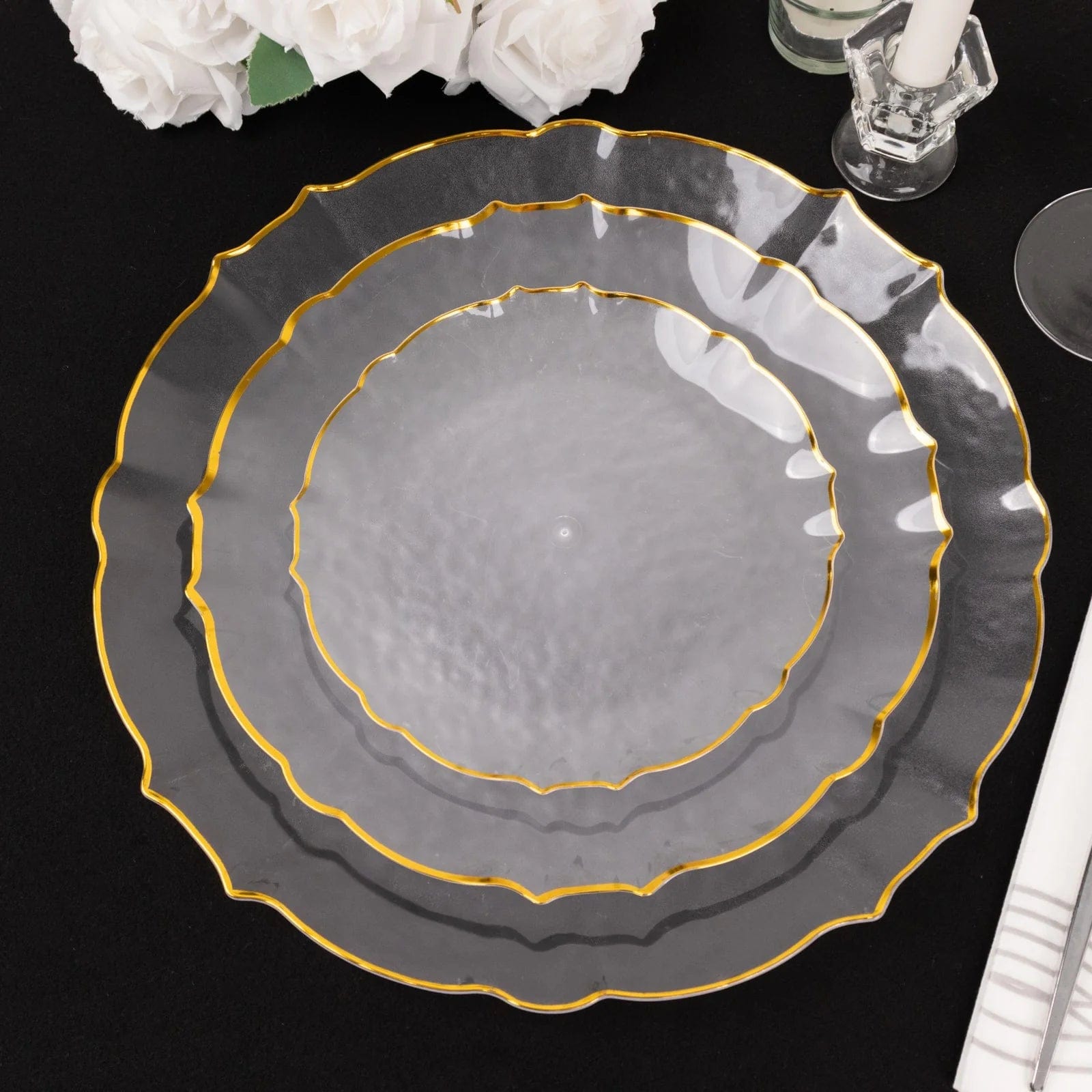 6 Sunflower Plastic Dinner Charger Plates with Scalloped Rim - Clear and Gold CHRG_PLST0032_CLGD