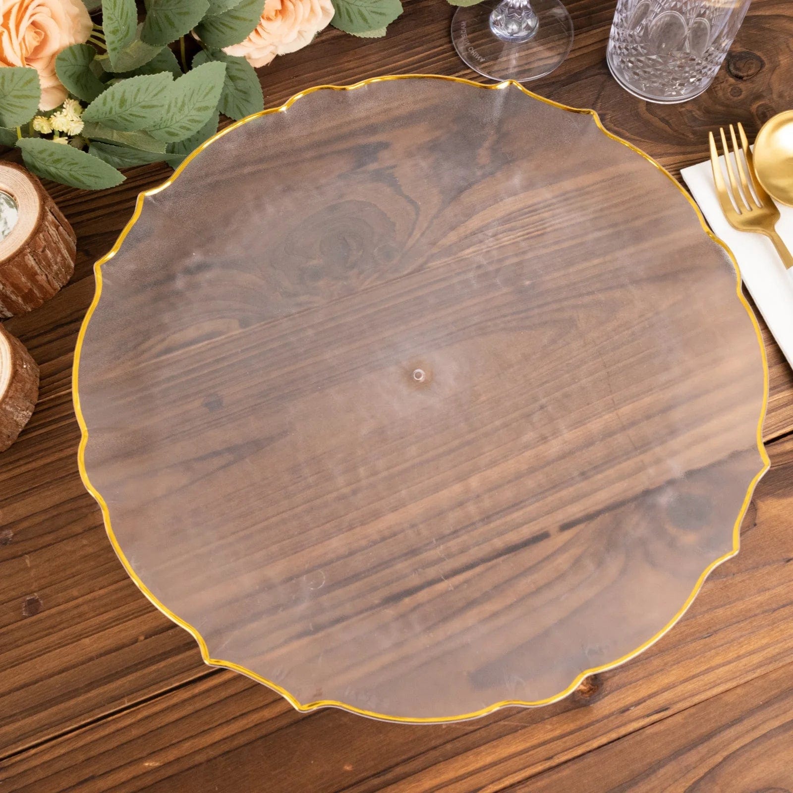 6 Sunflower Plastic Dinner Charger Plates with Scalloped Rim - Clear and Gold CHRG_PLST0032_CLGD