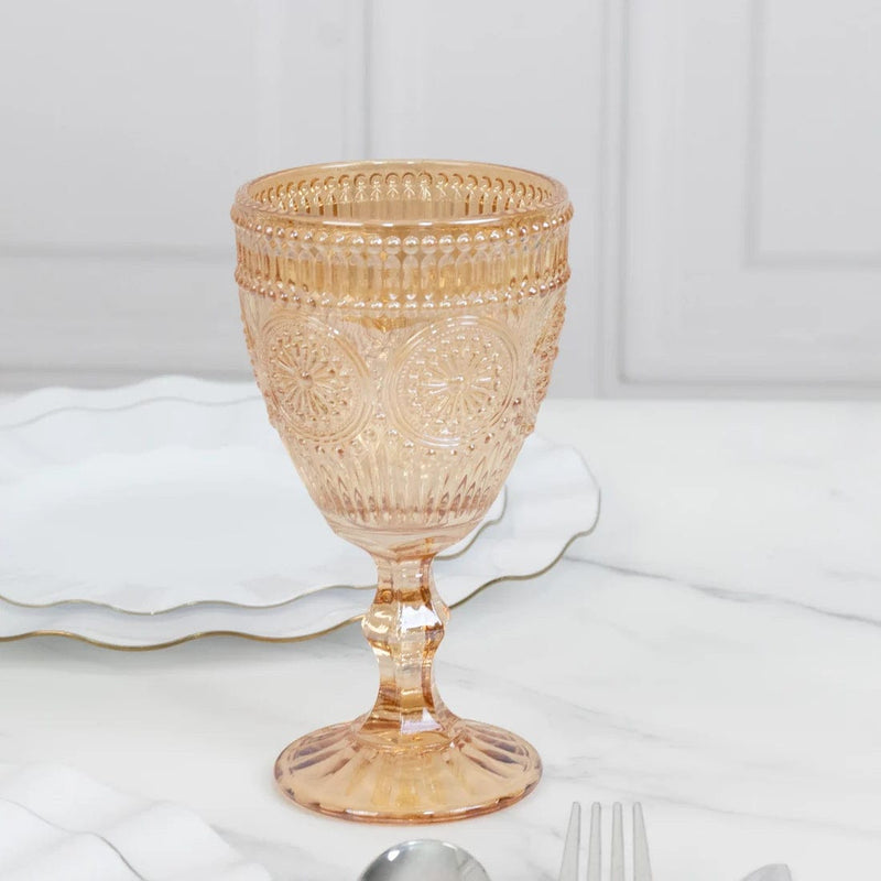 6 Vintage 11 oz Wine Glasses Goblets with Embossed Floral Pattern