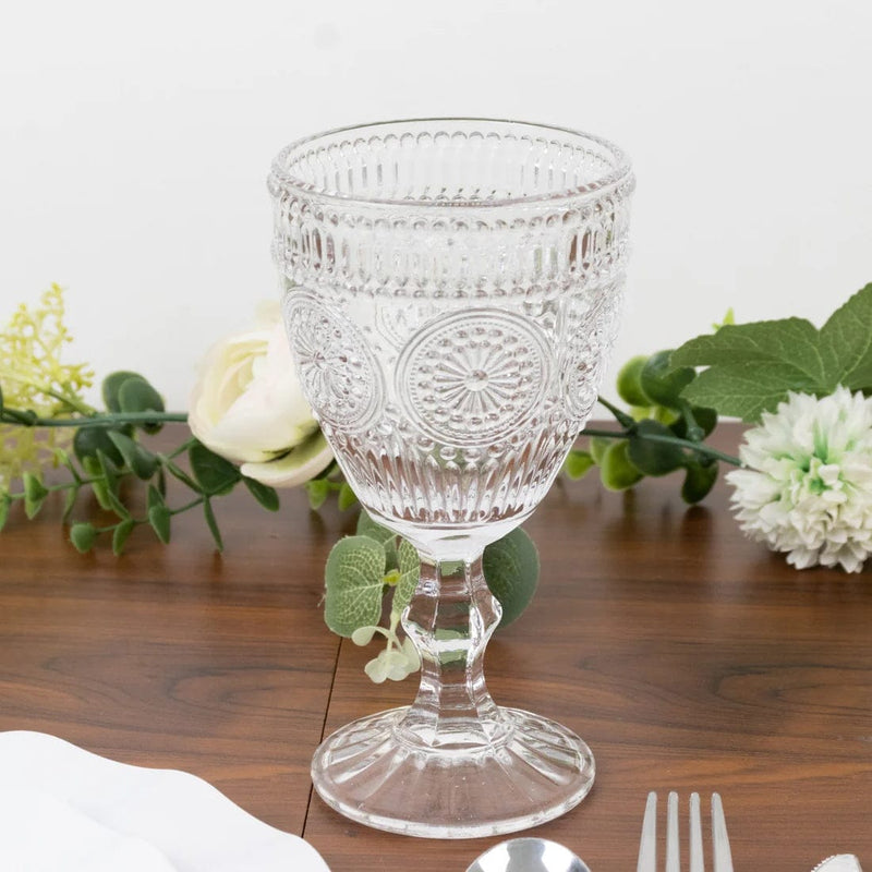 6 Vintage 11 oz Wine Glasses Goblets with Embossed Floral Pattern