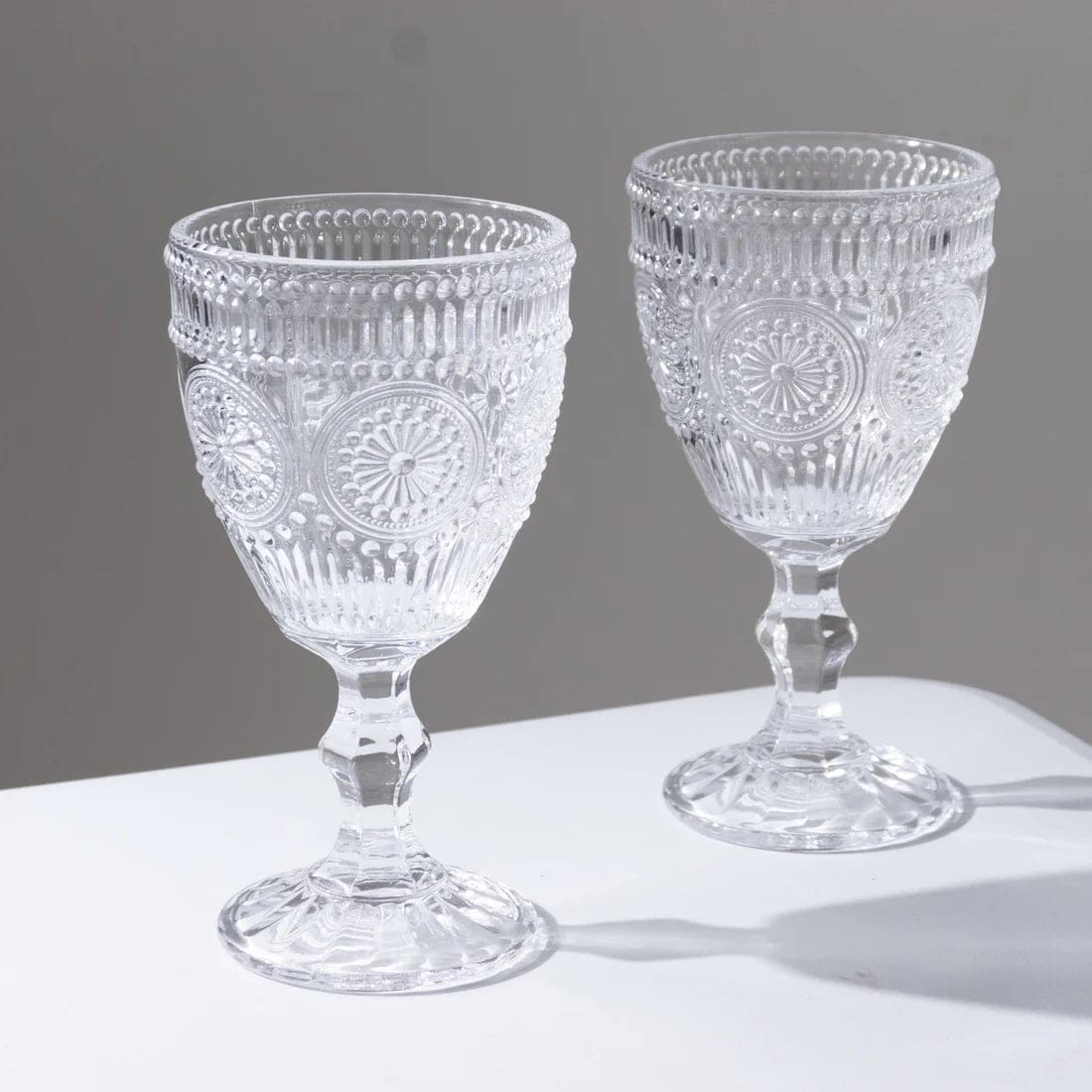 6 Vintage 11 oz Wine Glasses Goblets with Embossed Floral Pattern