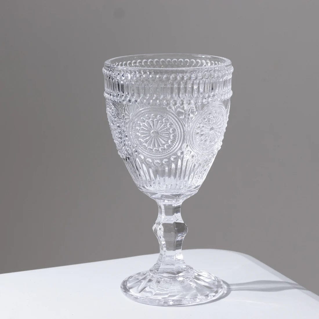 6 Vintage 11 oz Wine Glasses Goblets with Embossed Floral Pattern