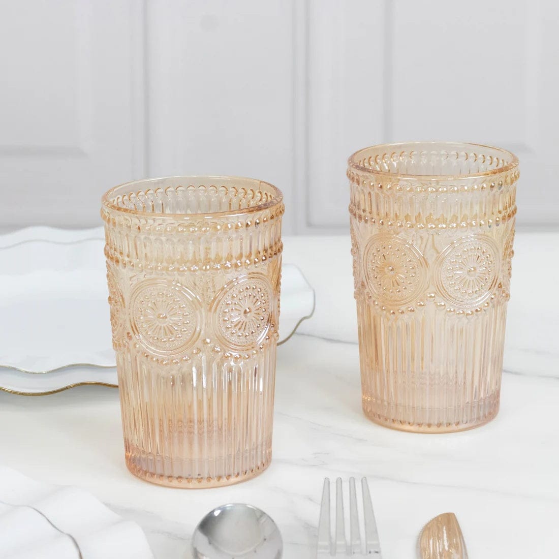 6 Vintage 13 oz Glass Tumblers with Embossed Floral Pattern