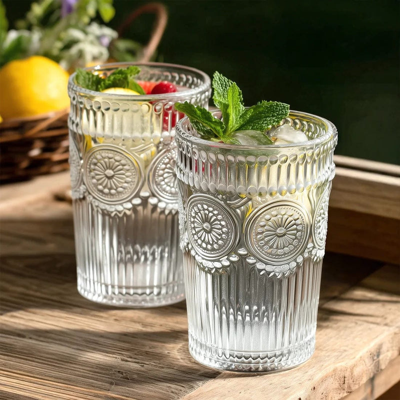 6 Vintage 13 oz Glass Tumblers with Embossed Floral Pattern