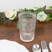 6 Vintage 13 oz Glass Tumblers with Embossed Floral Pattern