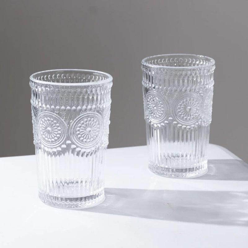 6 Vintage 13 oz Glass Tumblers with Embossed Floral Pattern