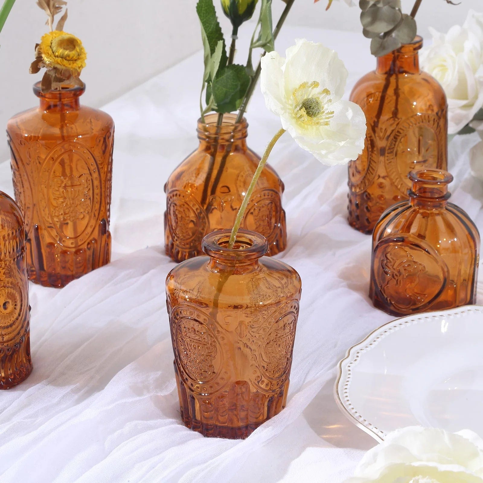 6 Vintage Embossed Glass Bud Vases - Amber Gold VASE_RND_008_SET_GOLD