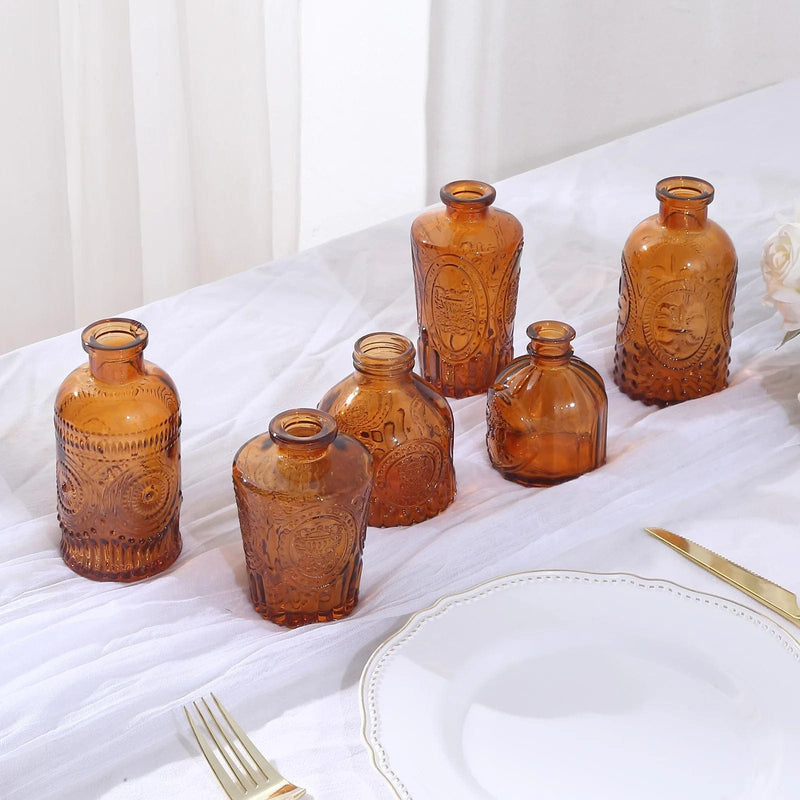 6 Vintage Embossed Glass Bud Vases - Amber Gold VASE_RND_008_SET_GOLD