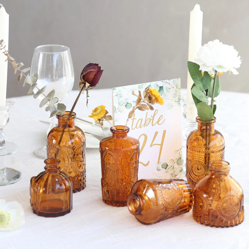 6 Vintage Embossed Glass Bud Vases - Amber Gold VASE_RND_008_SET_GOLD