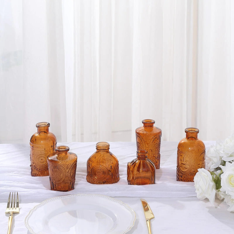 6 Vintage Embossed Glass Bud Vases - Amber Gold VASE_RND_008_SET_GOLD