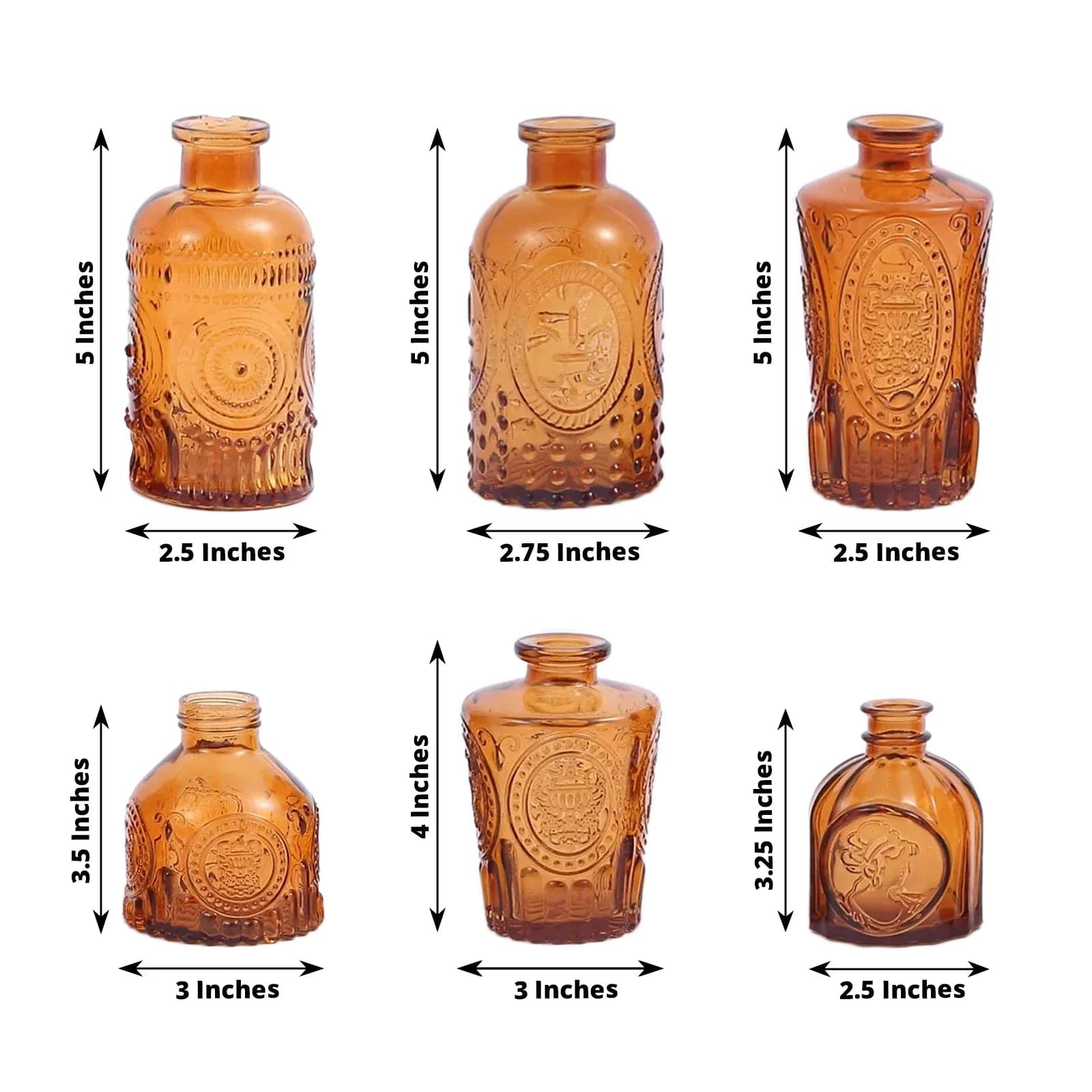 6 Vintage Embossed Glass Bud Vases - Amber Gold VASE_RND_008_SET_GOLD