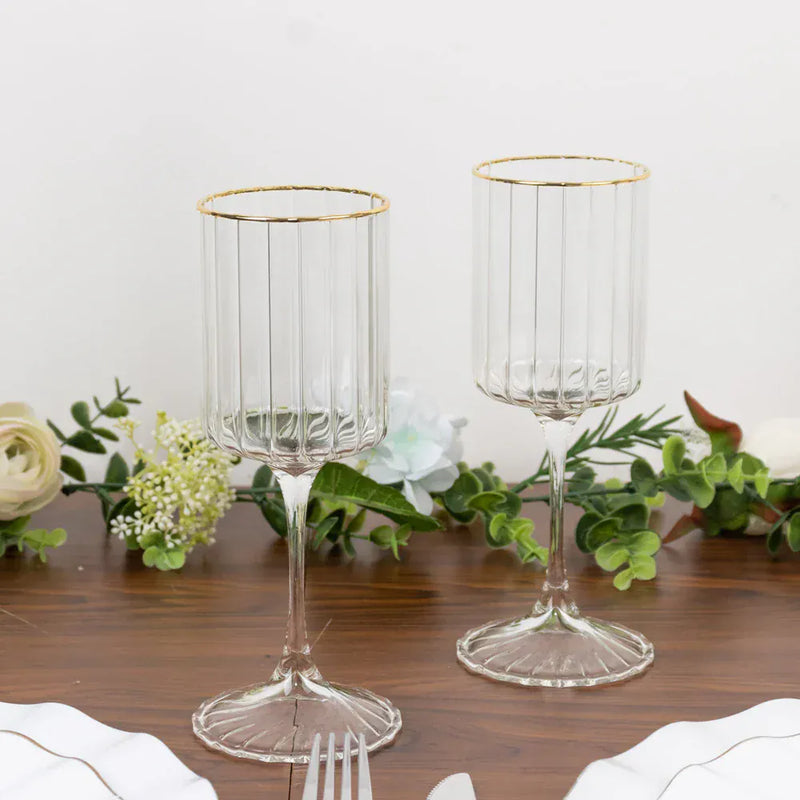 6 Vintage Goblet Wine Glasses 10oz Ribbed Design with with Gold Rim - Clear GLAS_CUWN007_10_CLGD