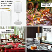 6 Vintage Goblet Wine Glasses 10oz Ribbed Design with with Gold Rim - Clear GLAS_CUWN007_10_CLGD