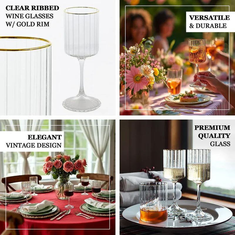 6 Vintage Goblet Wine Glasses 10oz Ribbed Design with with Gold Rim - Clear GLAS_CUWN007_10_CLGD