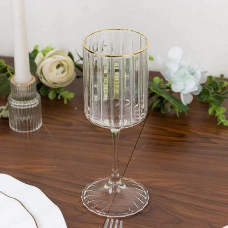 6 Vintage Goblet Wine Glasses 10oz Ribbed Design with with Gold Rim - Clear GLAS_CUWN007_10_CLGD