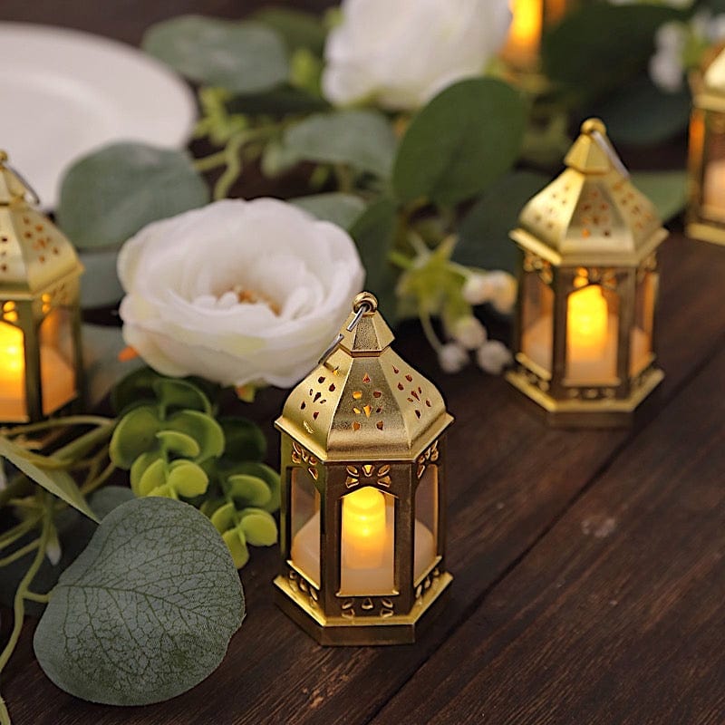 6 Vintage Mini Lantern with Flickering LED Tealight Candles - Gold LED_CAND_TL007_CLR