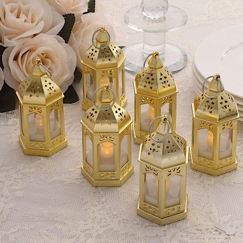 6 Vintage Mini Lantern with Flickering LED Tealight Candles - Gold LED_CAND_TL007_CLR
