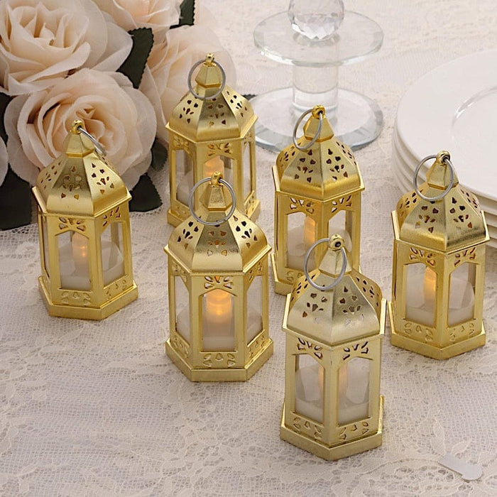 6 Plastic Mini Lantern Lamps with LED Tealight Candles - Gold
