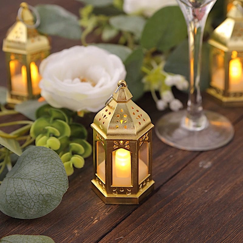 6 Vintage Mini Lantern with Flickering LED Tealight Candles - Gold LED_CAND_TL007_CLR