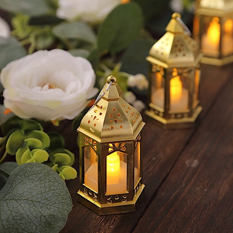 6 Vintage Mini Lantern with Flickering LED Tealight Candles - Gold LED_CAND_TL007_CLR