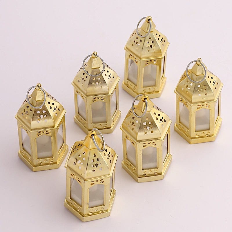 6 Vintage Mini Lantern with Flickering LED Tealight Candles - Gold LED_CAND_TL007_CLR