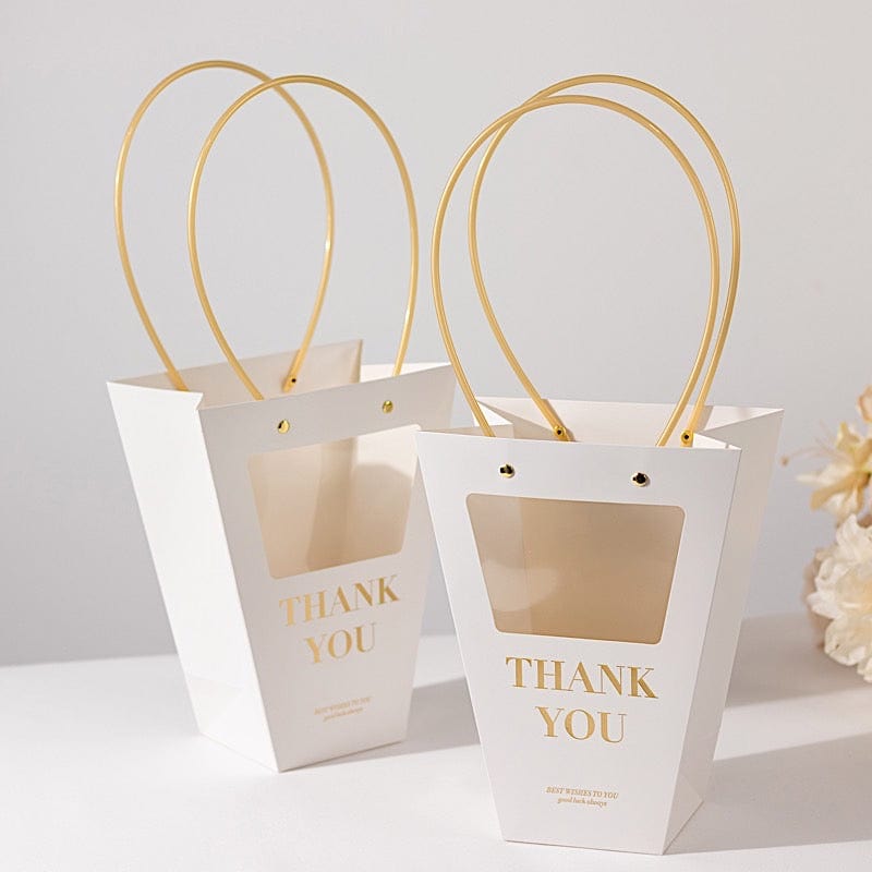 6 Window Paper Flower Gift Bags with Handles - Clear and White BAG_PAP05_8X10_WHT