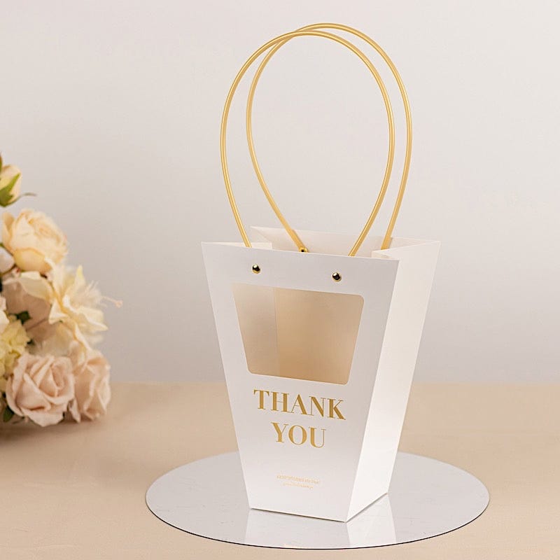 6 Window Paper Flower Gift Bags with Handles - Clear and White BAG_PAP05_8X10_WHT