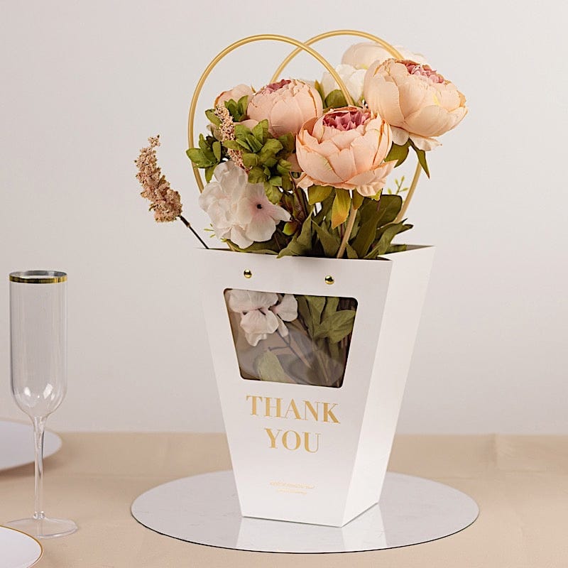 6 Window Paper Flower Gift Bags with Handles - Clear and White BAG_PAP05_8X10_WHT