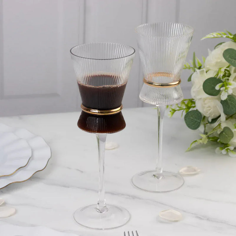 6 Wine Glasses 9oz Ribbed Design with Gold Ring Accent - Clear GLAS_CUWN006_10_CLGD