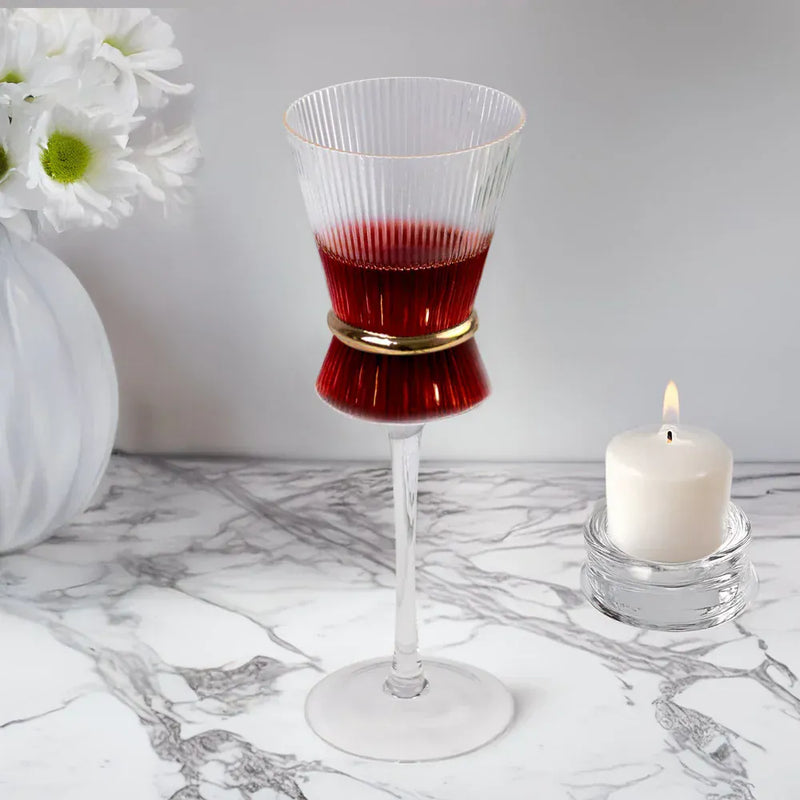 6 Wine Glasses 9oz Ribbed Design with Gold Ring Accent - Clear GLAS_CUWN006_10_CLGD