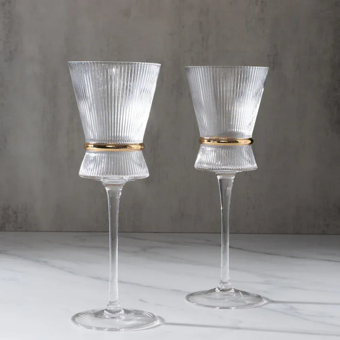 6 Wine Glasses 9oz Ribbed Design with Gold Ring Accent - Clear GLAS_CUWN006_10_CLGD