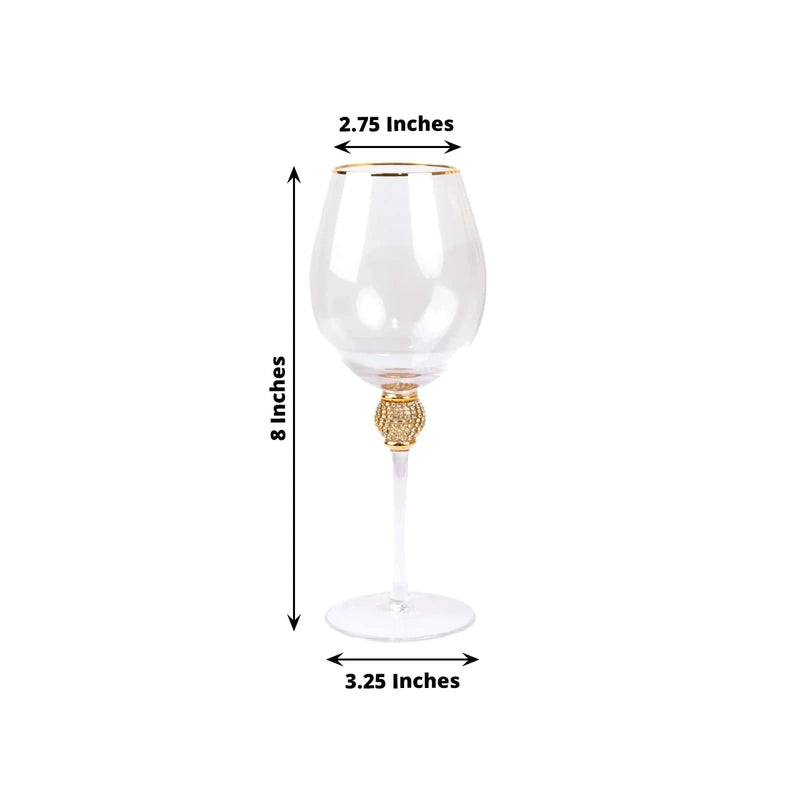 6 Wine Goblet Glasses 16oz Gold Rimmed Design with Rhinestone Studded Stem - Clear GLAS_CUWN004_CLGD