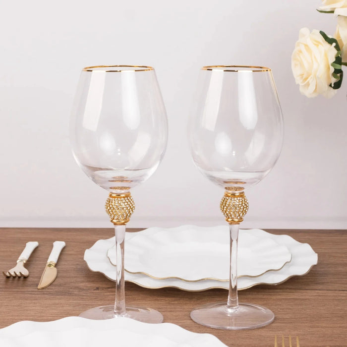 6 Wine Goblet Glasses 16oz Gold Rimmed Design with Rhinestone Studded Stem - Clear GLAS_CUWN004_CLGD