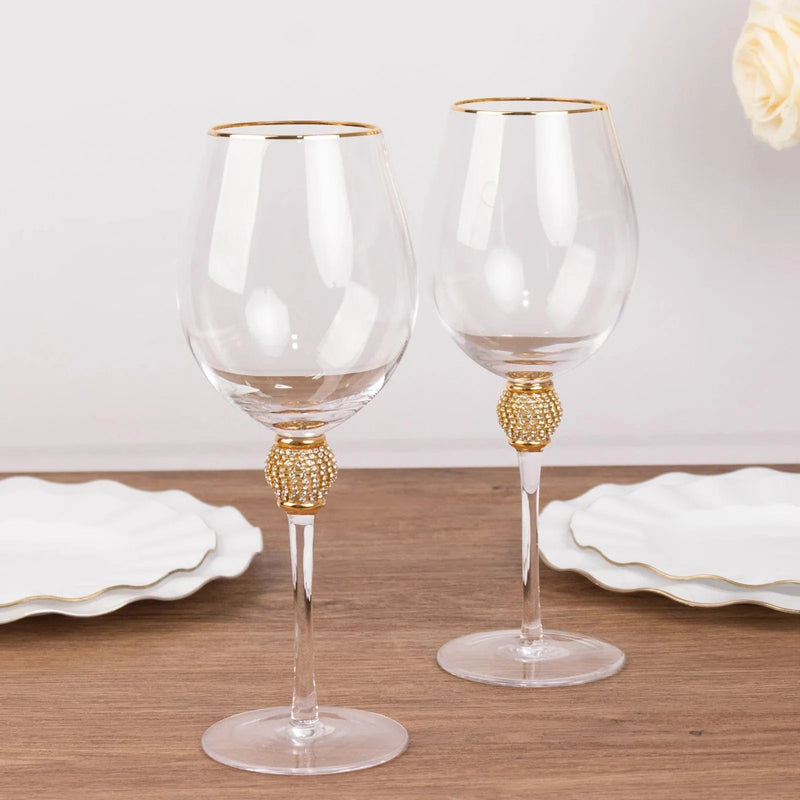 6 Wine Goblet Glasses 16oz Gold Rimmed Design with Rhinestone Studded Stem - Clear GLAS_CUWN004_CLGD