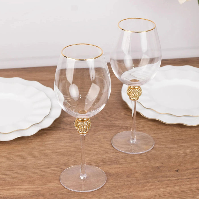 6 Wine Goblet Glasses 16oz Gold Rimmed Design with Rhinestone Studded Stem - Clear GLAS_CUWN004_CLGD