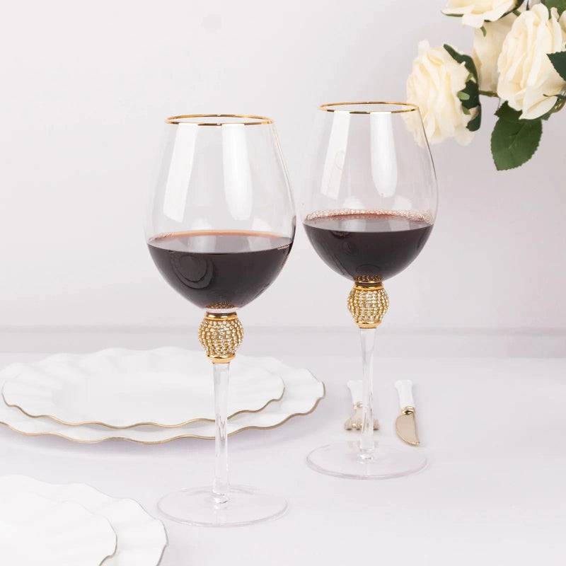 6 Wine Goblet Glasses 16oz Gold Rimmed Design with Rhinestone Studded Stem - Clear GLAS_CUWN004_CLGD