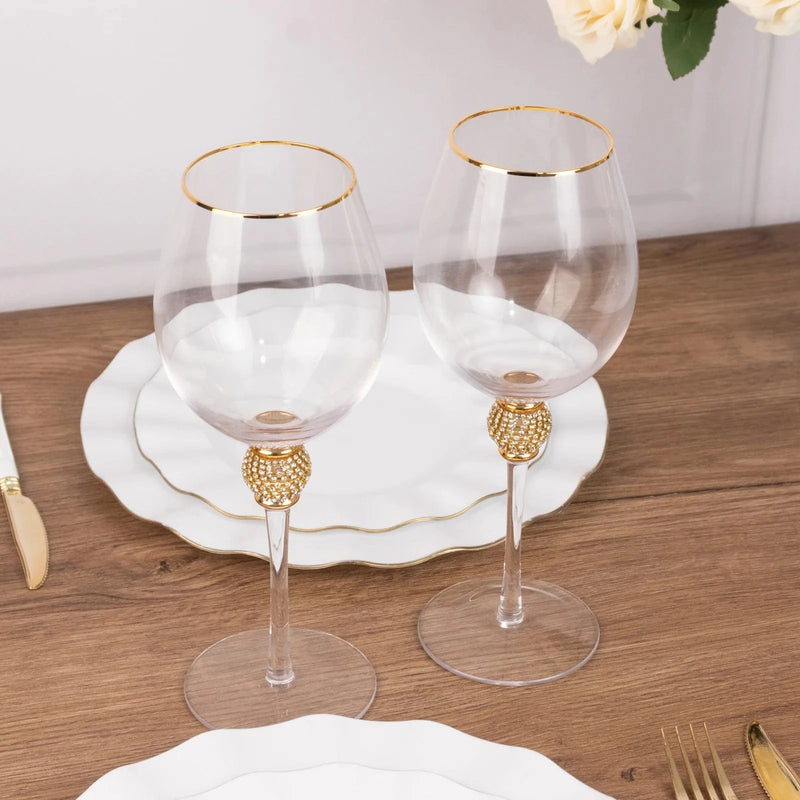 6 Wine Goblet Glasses 16oz Gold Rimmed Design with Rhinestone Studded Stem - Clear GLAS_CUWN004_CLGD