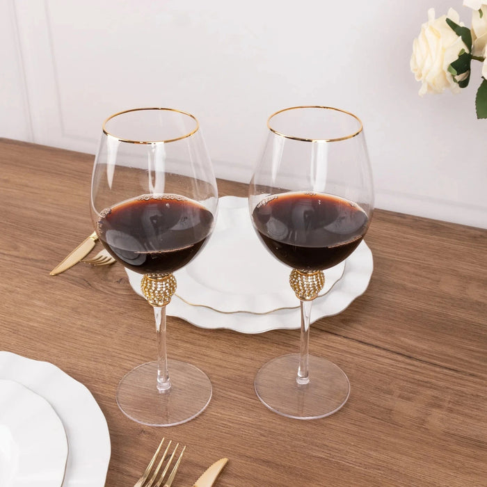 6 Wine Goblet Glasses 16oz Gold Rimmed Design with Rhinestone Studded Stem - Clear GLAS_CUWN004_CLGD
